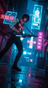 Imagem gerada por IA de um músico steampunk