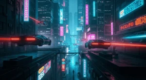 Imagem gerada por IA de uma cidade futurista com carros voadores