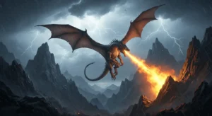 Imagem fantástica gerada por IA de um dragão cuspindo fogo