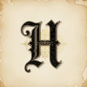 Old English capital H in black ink with gold details from Quillbot's art generator