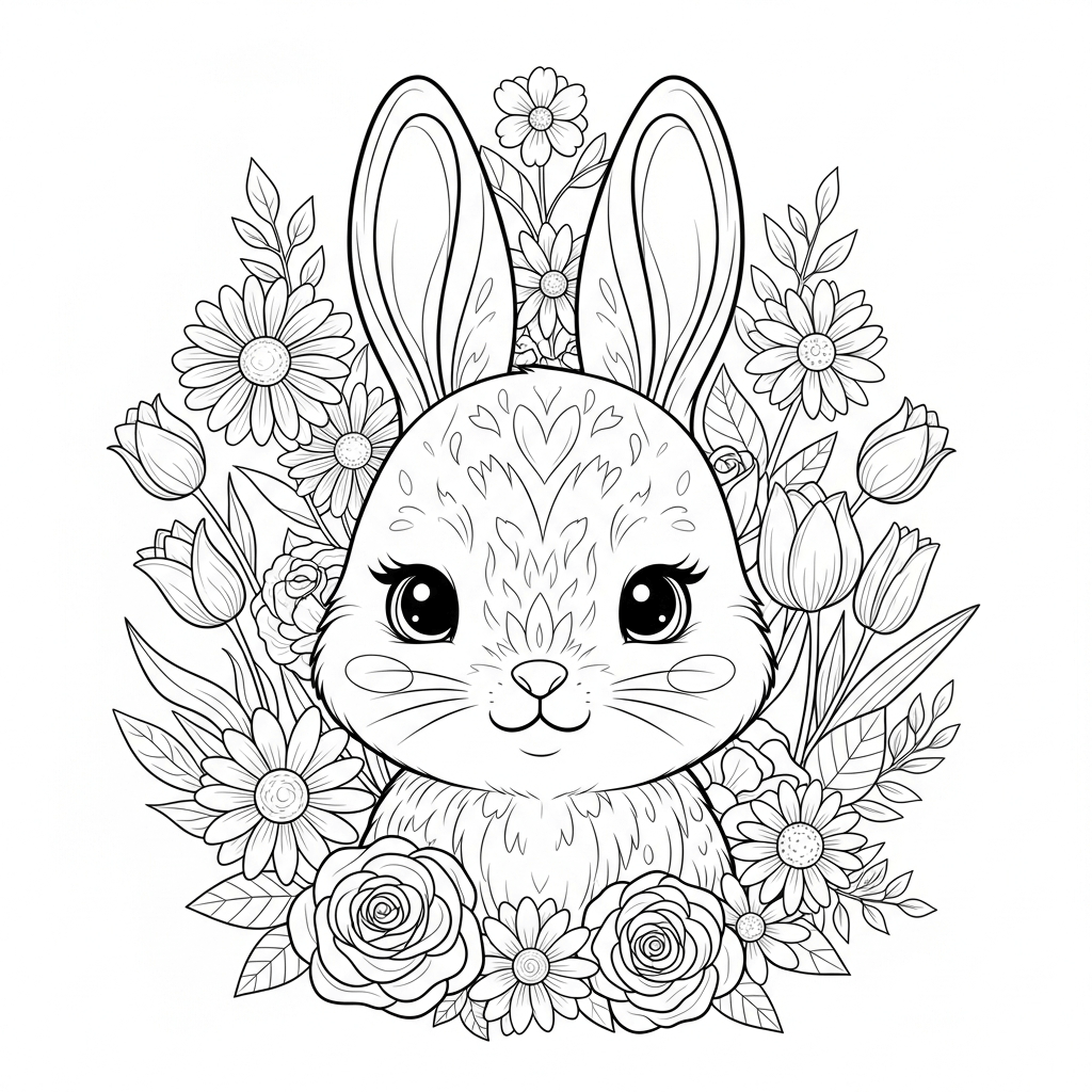 coloriage lapin fleurs et printemps