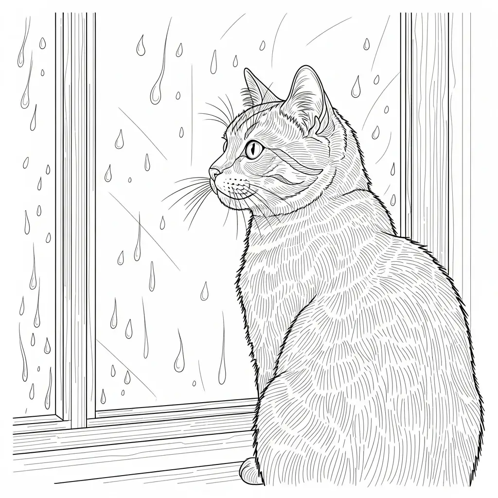 coloriage chat et pluie