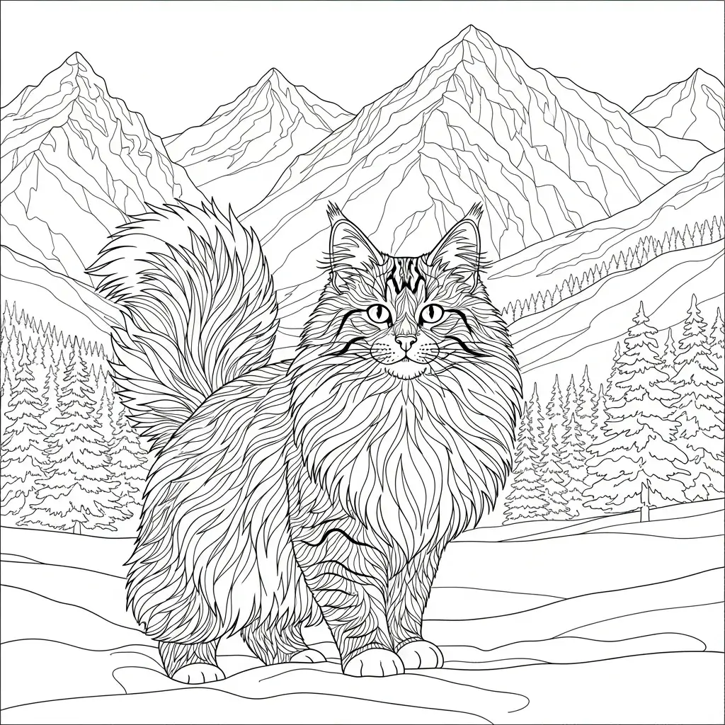coloriage chat maine coon montagne