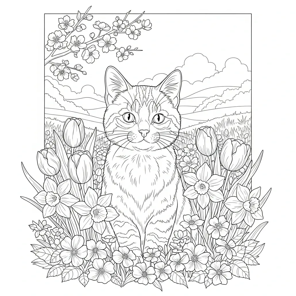 coloriage chat printemps
