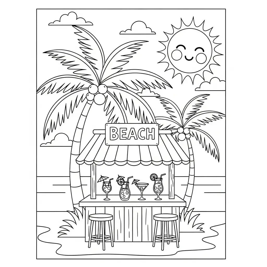 coloriage plage bar plage paradisiaque