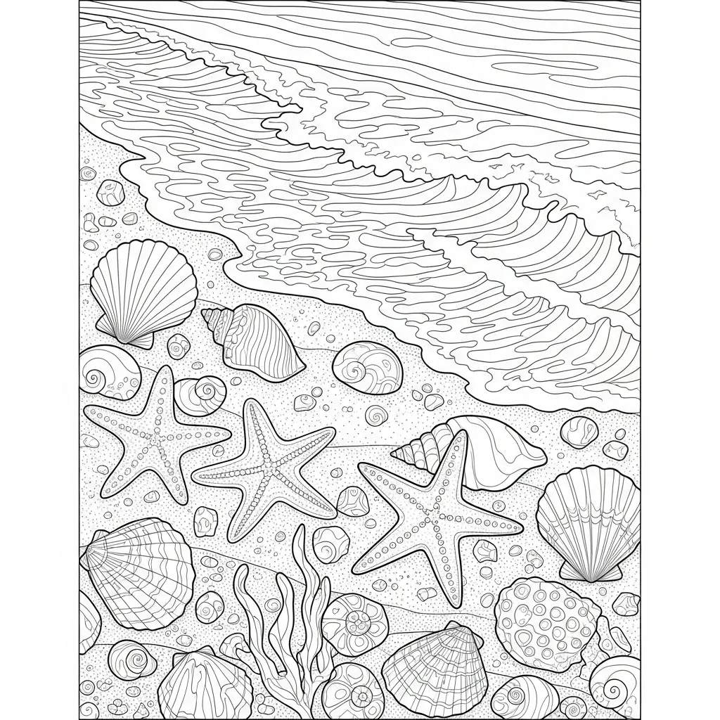 coloriage plage coquillages