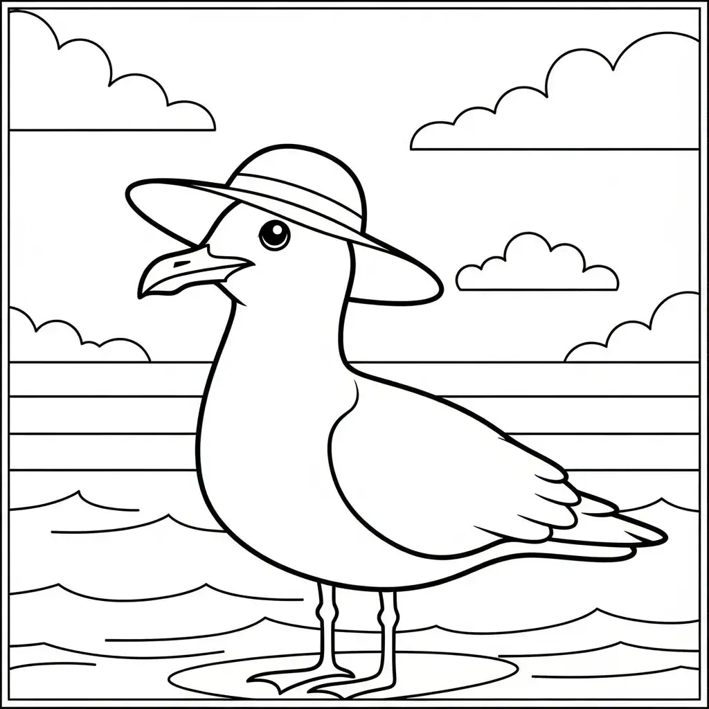 coloriage plage mouette chapeau de paille