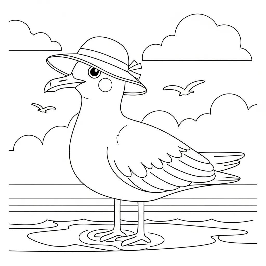 coloriage plage mouette et chapeau